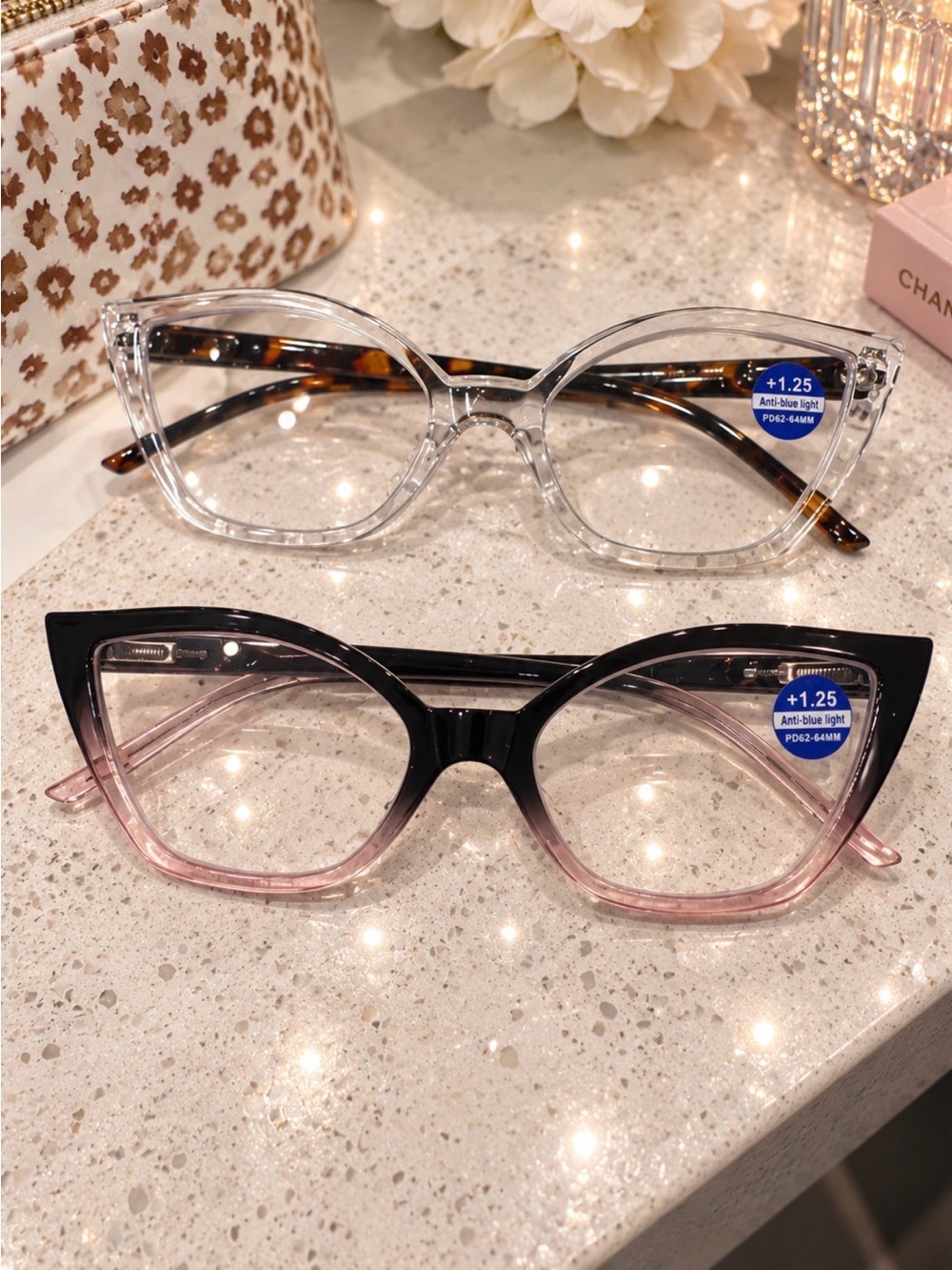Clear and Black-to-Pink Gradient Cat-Eye Blue Light Glasses, Women
